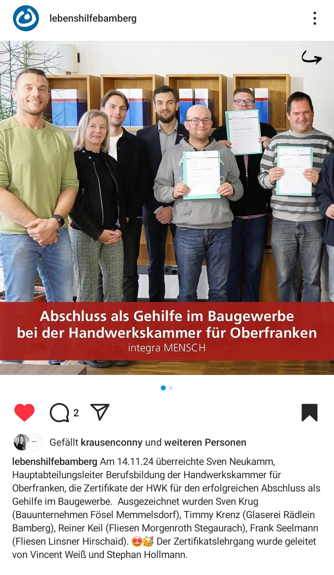 Gruppenfoto 2024 Zertifikatsübergabe der HWK für den erfolgreichen "Abschluss als Gehilfe im Baugewerbe".